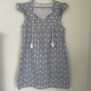 LOFT Outlet sz M Blue and White Striped Coastal Clip Dot Ruffle Sleeve Dress.